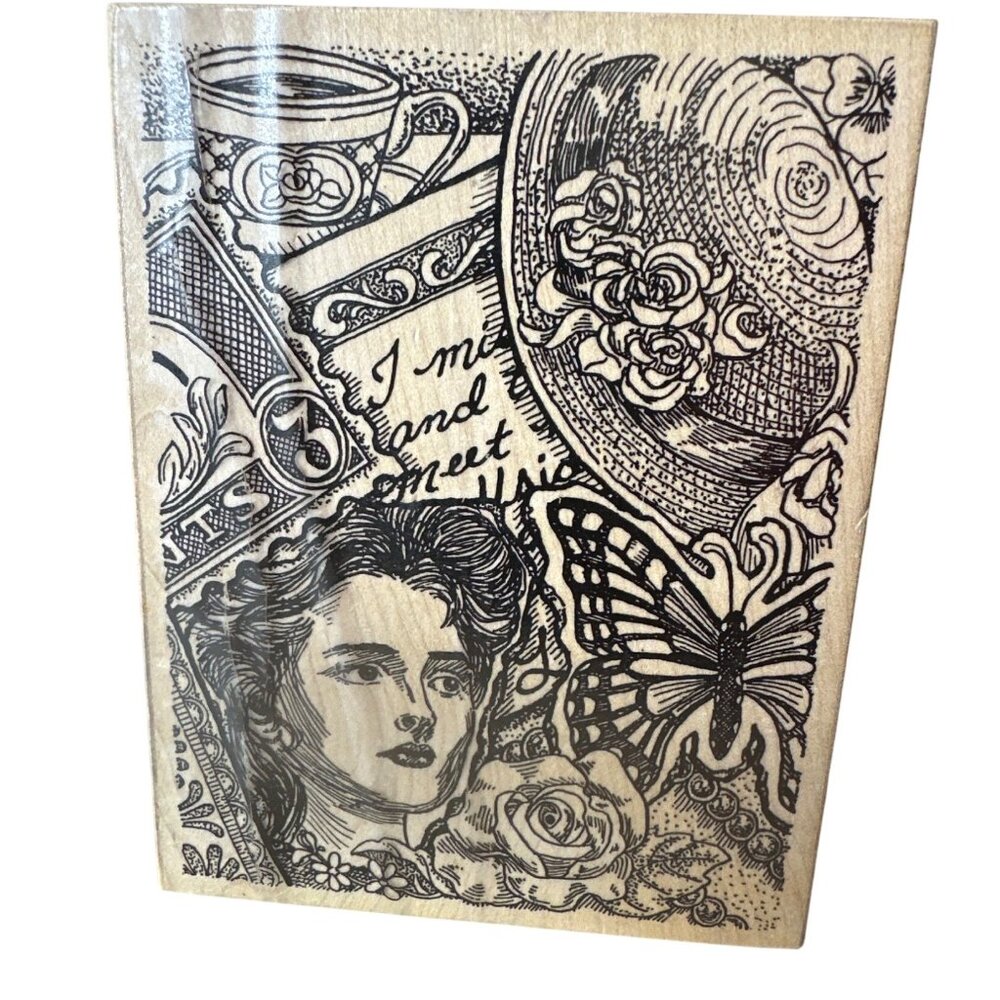Vintage Rubbernecker Stamp Co. Large Wood-Mounted Rubber Stamp Victorian Collage